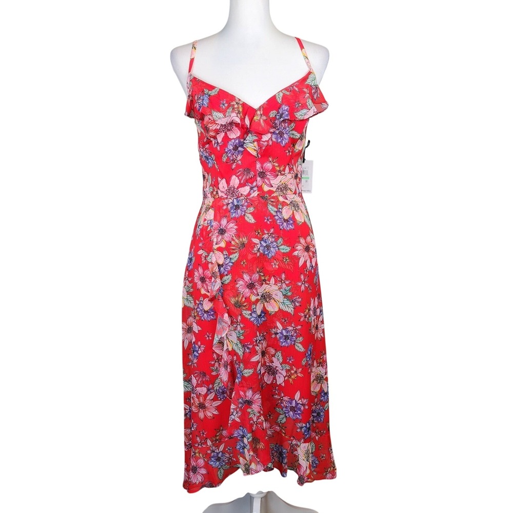 Kensie Midi Dress Women 8 Red Floral Hi Low Wrap Ruffle Cottagecore Romantic NEW